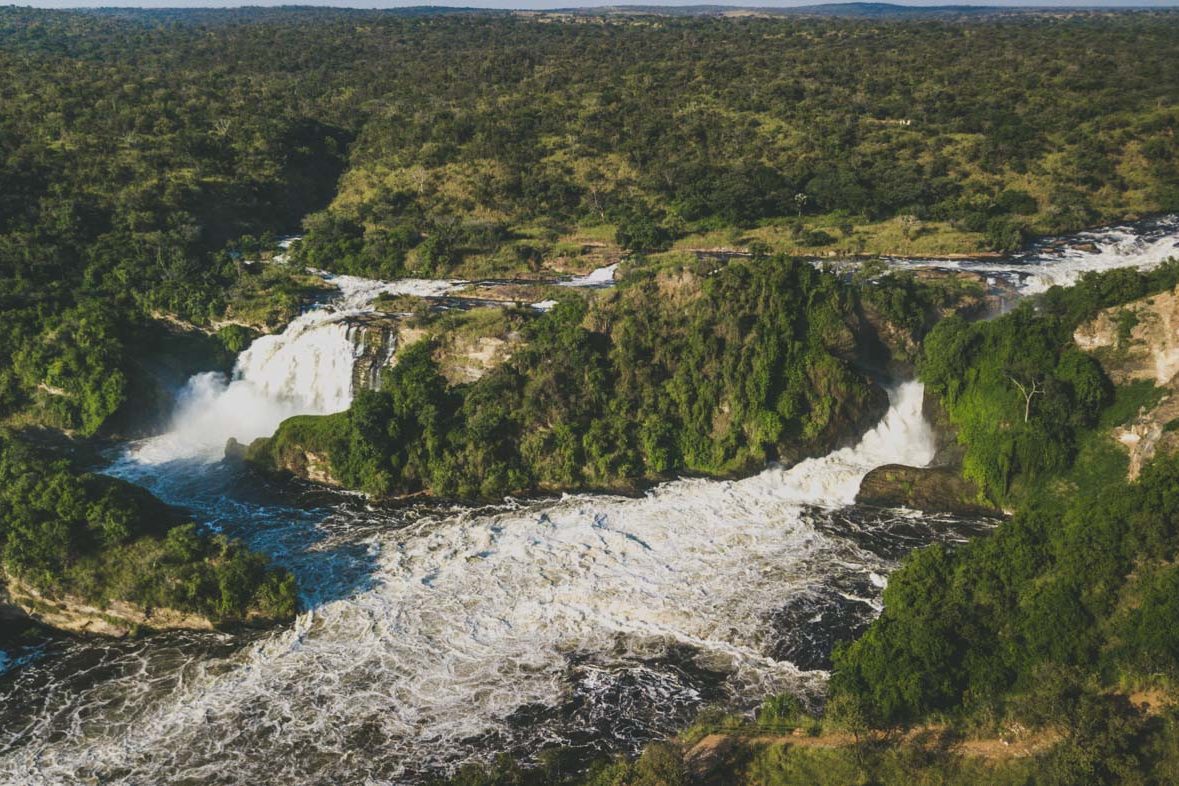 乌干达默奇森瀑布国家公园贝克小屋的河马和瀑布