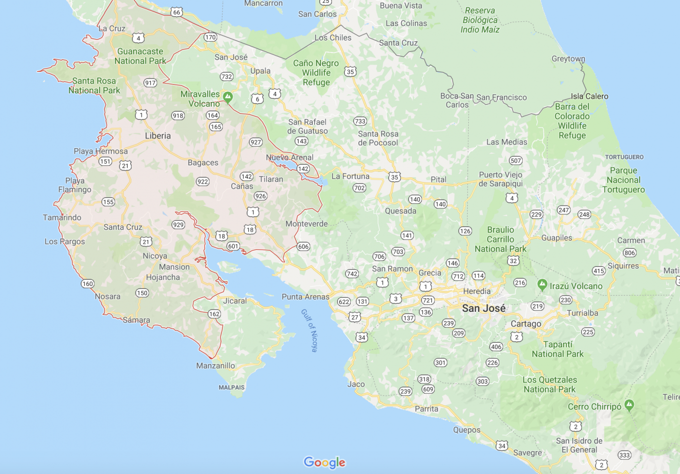 哥斯达黎加瓜那卡斯特的地图